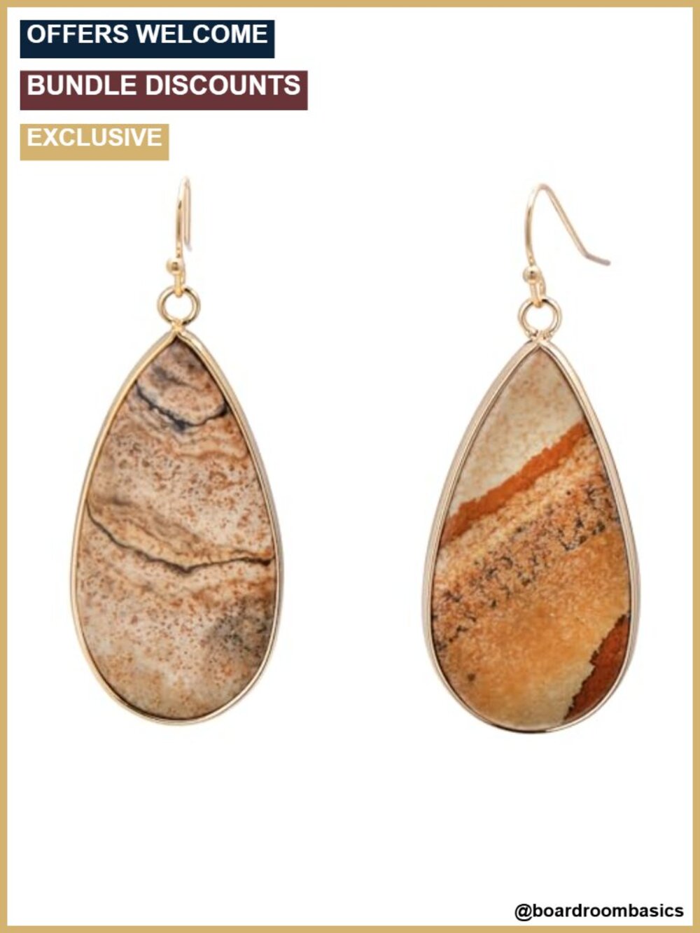 Handcrafted Jasper Teardrop Dangle Earrings for Women Gold Edged Drop Earrings